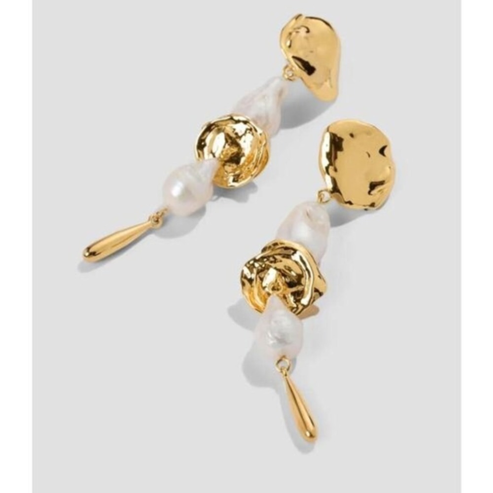 Lizzie Fortunato Gold Mine Statement Earrings Pearl 24K Gold Plated EUC